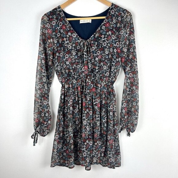 Abercombie Fitch Mini Dress sz S Long Sleeve Dark Floral Date Night Boho V Neck - Picture 1 of 8